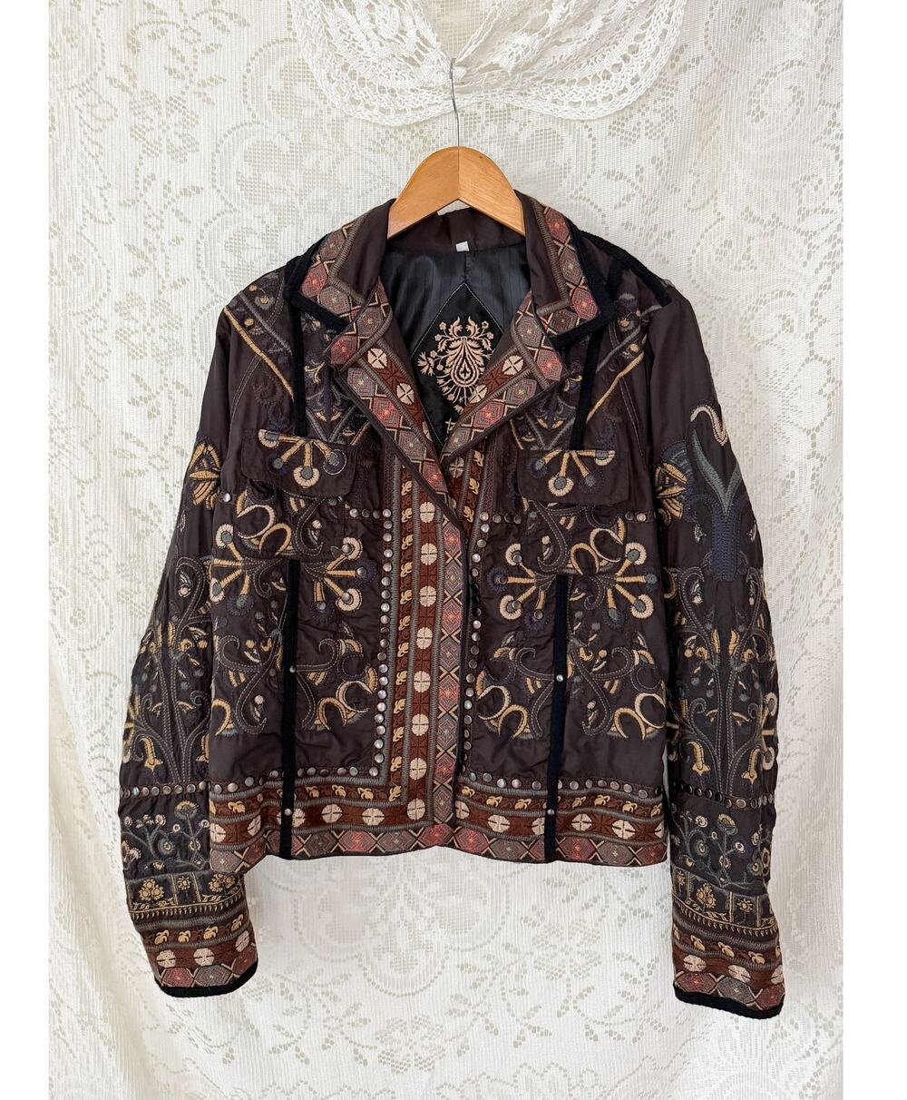 BIYA by Johnny Was Olive Brown Embroidered Studded Boho Moto Jacket
